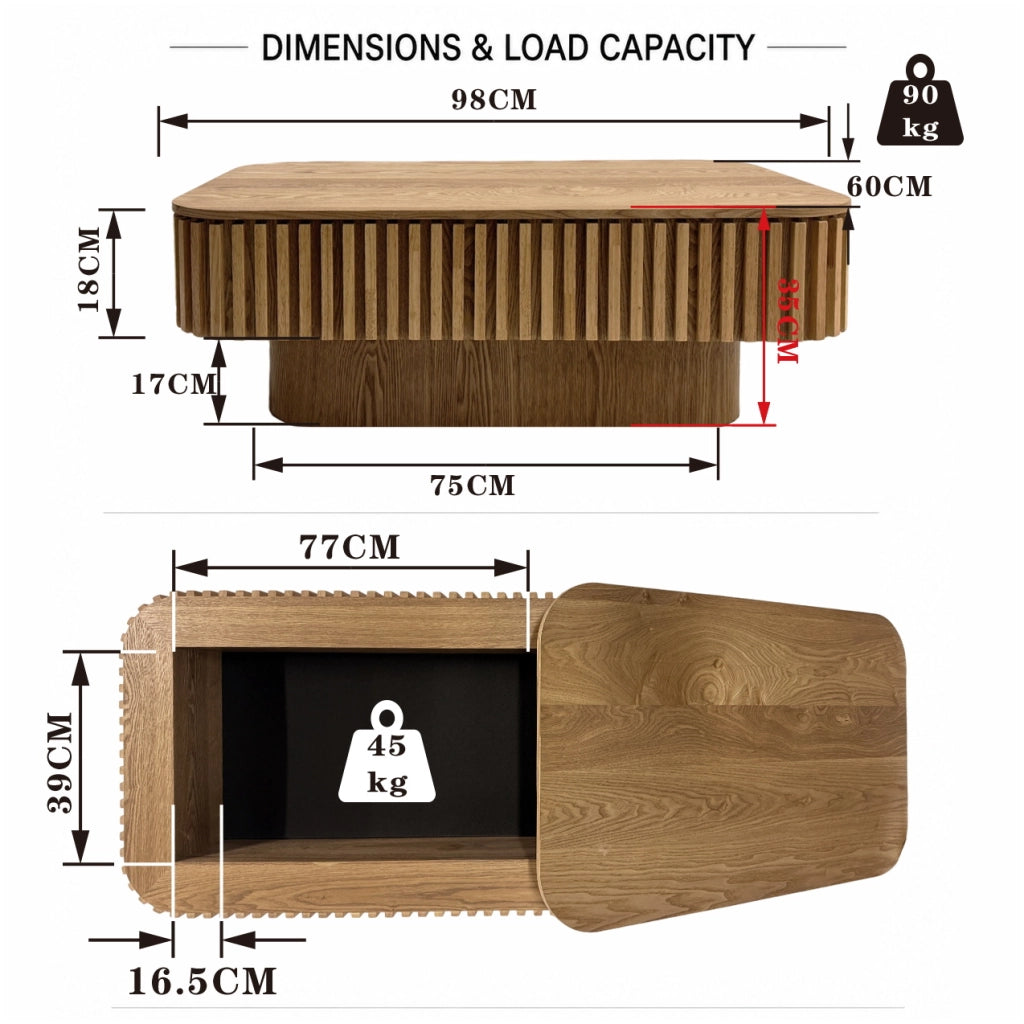 Tavolino basso fisso con vano contenitore nascosto e piano rimovibile in MDF effetto legno naturale