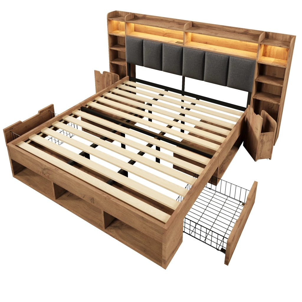 Letto matrimoniale 180 x 200 cm con LED prese USB e cassetti letto matrimoniale con testiera imbottita e rete a doghe in legno color rovere