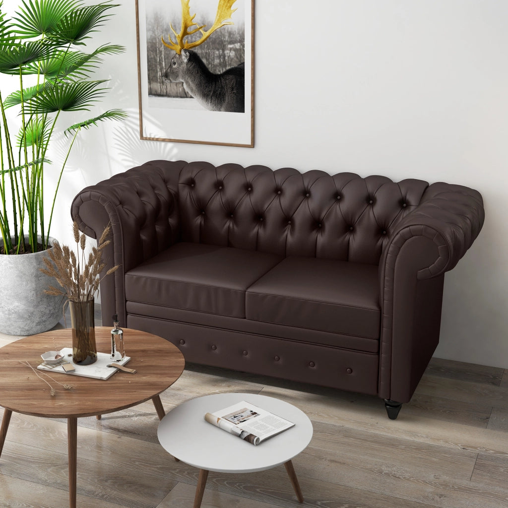 Divano 2 Posti Chesterfield in Ecopelle con Cuscino Rimovibile ¨C Minimal ¨C 160x84x80 cm Marrone