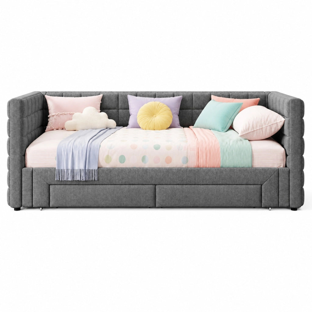 Letto singolo estraibile 90 ¡Á 200 cm in velluto grigio con schienale quadrato e due cassetti