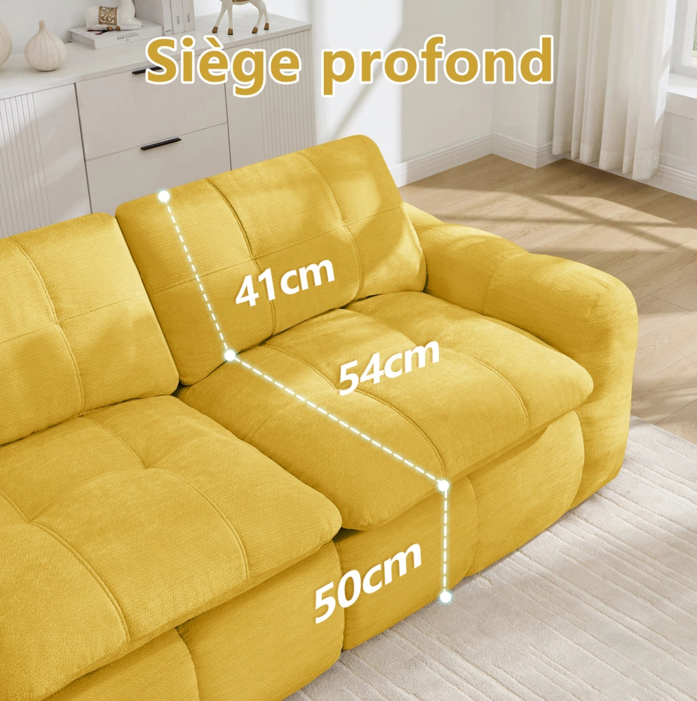 Divano modulare a 2 posti a forma di L in Chenille giallo senza struttura con pouf, ideale per soggiorni e appartamenti