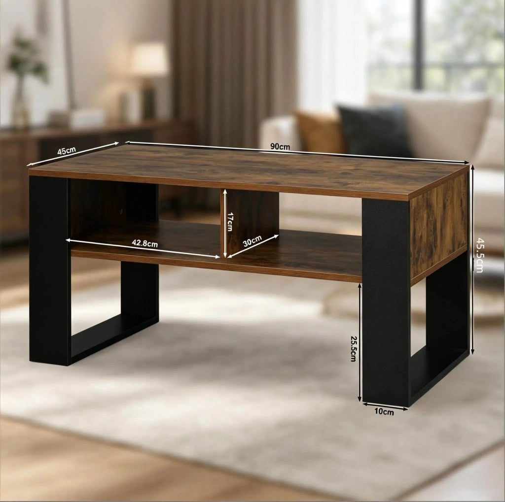 Tavolino da salotto 90x45 cm con 2 vani aperti nero e marrone rustico HOMVRA