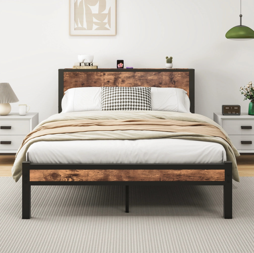 Letto singolo 140x200 cm con struttura in metallo e testiera contenitore in MDF vintage marrone