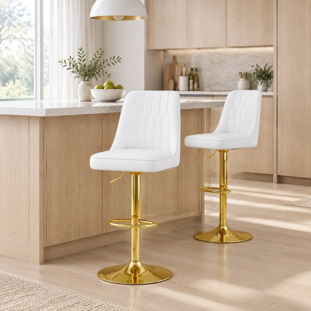 Set 2 sgabelli da bar regolabili e girevoli 360° in PU bianco e metallo dorato HOMVRA