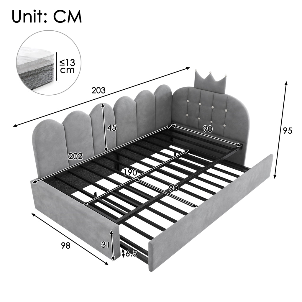 Letto Singolo 90x200 cm Imbottito con letto estraibile; Velluto; Grigio