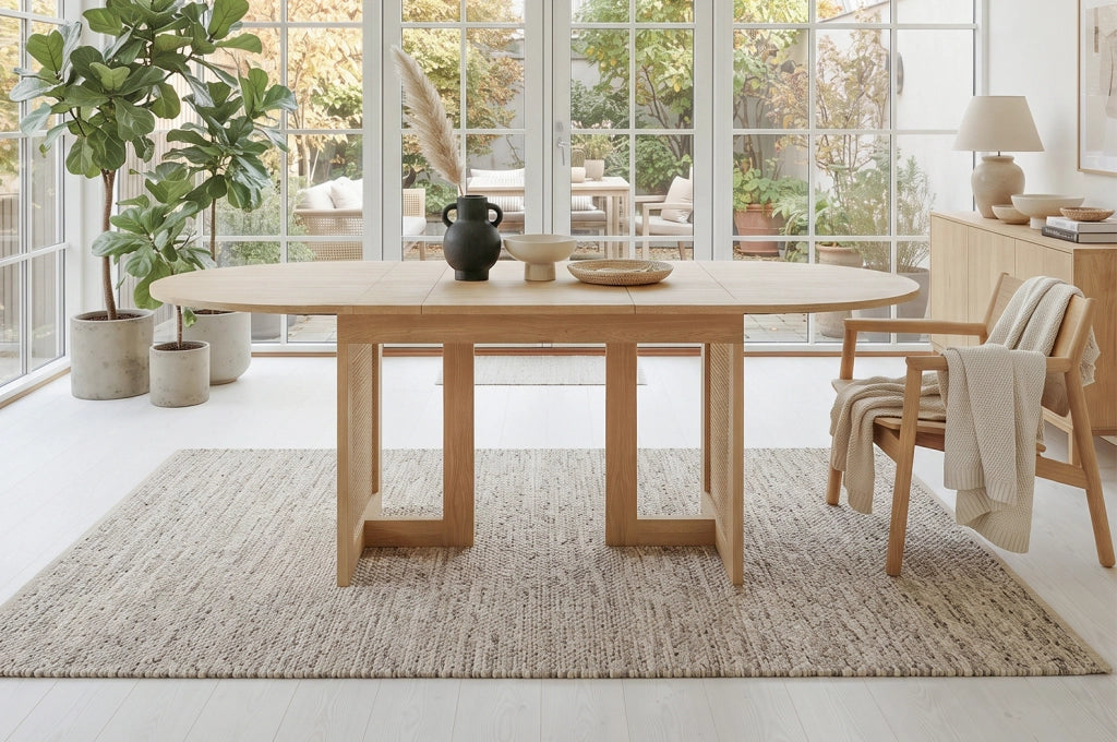 Tavolo da pranzo allungabile 120/160x80 cm con gambe in rattan color quercia, per 6-8 persone, con angoli arrotondati e piano spesso in MDF