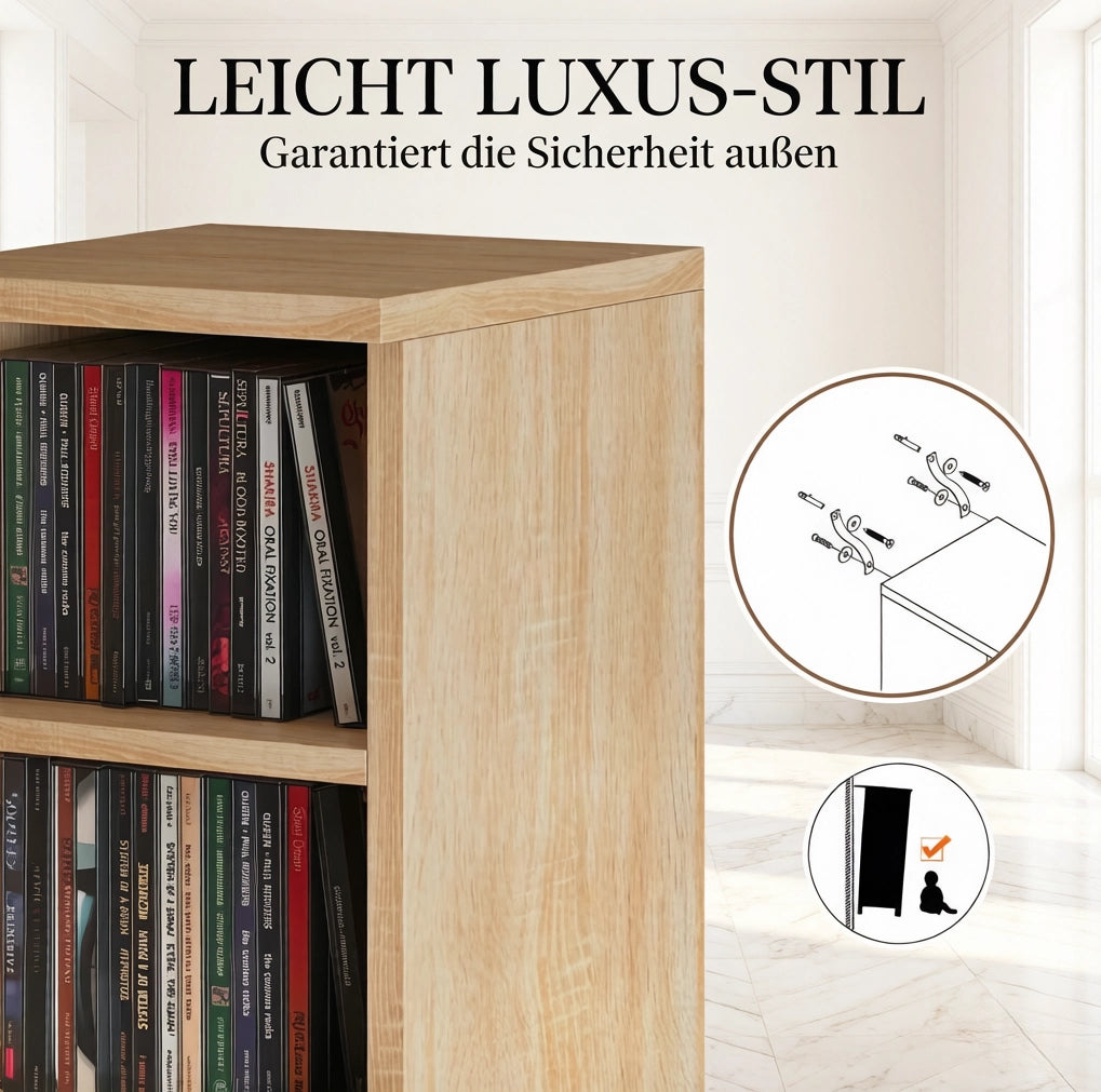 Set di 2 armadietti porta CD con colonne a scaffale, 12 scomparti, 21x22,5x88,5 cm, capacità 204 CD, colore rovere