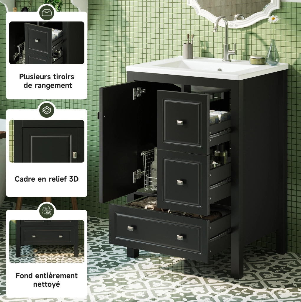 Mobile bagno nero 62x47x90 cm con lavabo in ceramica e ampio spazio contenitivo