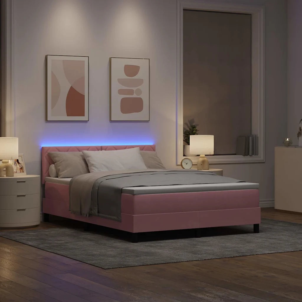 Letto a Sorgente LED con materasso Rosa 160 x 200 cm Velluto