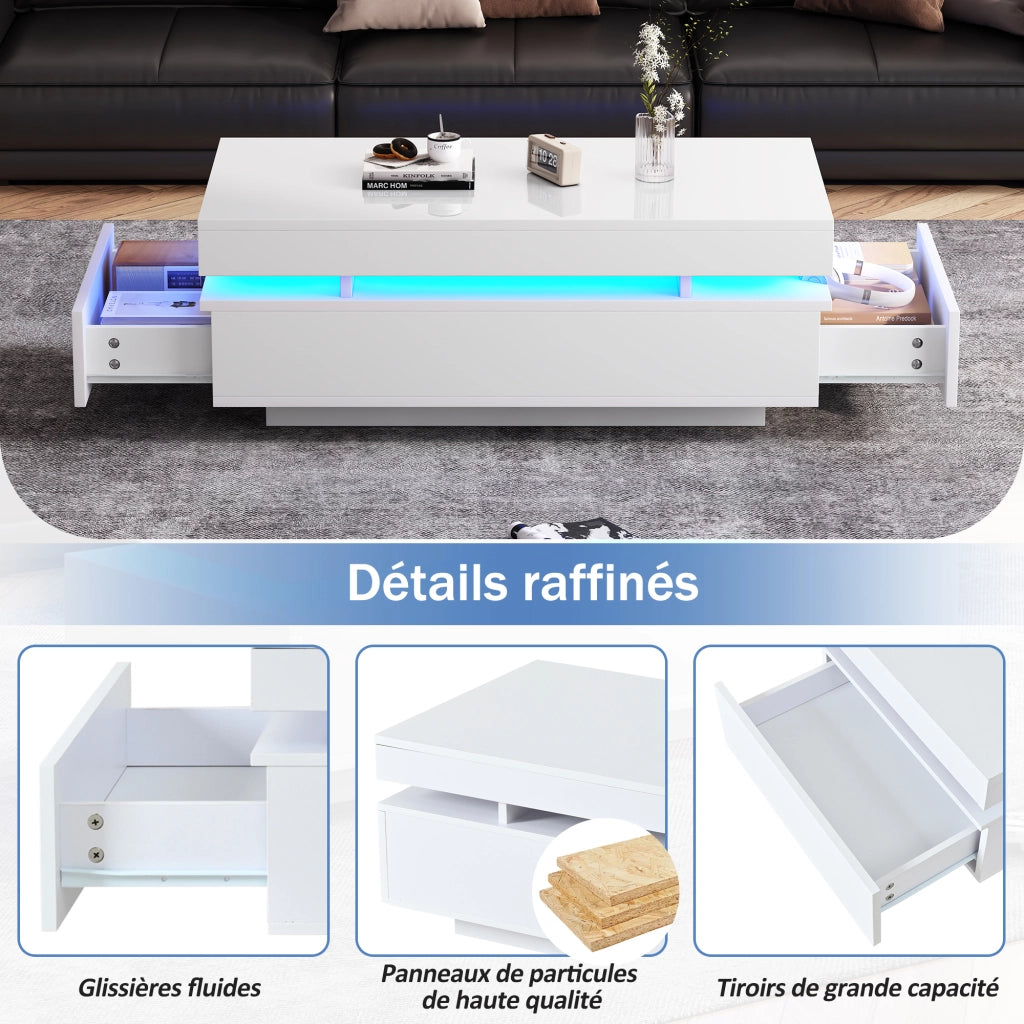 Tavolino da caffè LED con 2 cassetti e vani contenitore, superficie lucida, per soggiorno, 100 × 50 × 35 cm