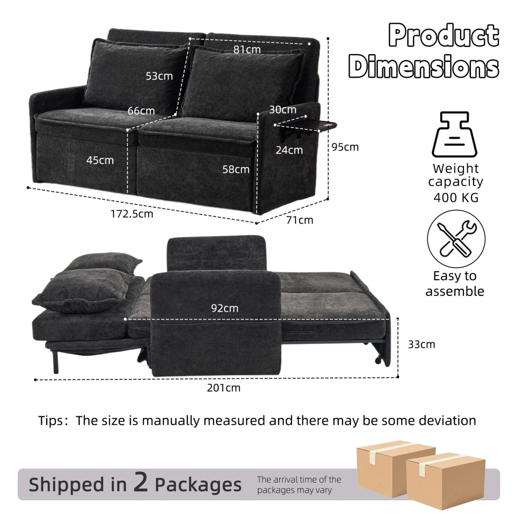 Divano letto pieghevole nero in chenille con schienale regolabile a 5 livelli e porta USB integrata
