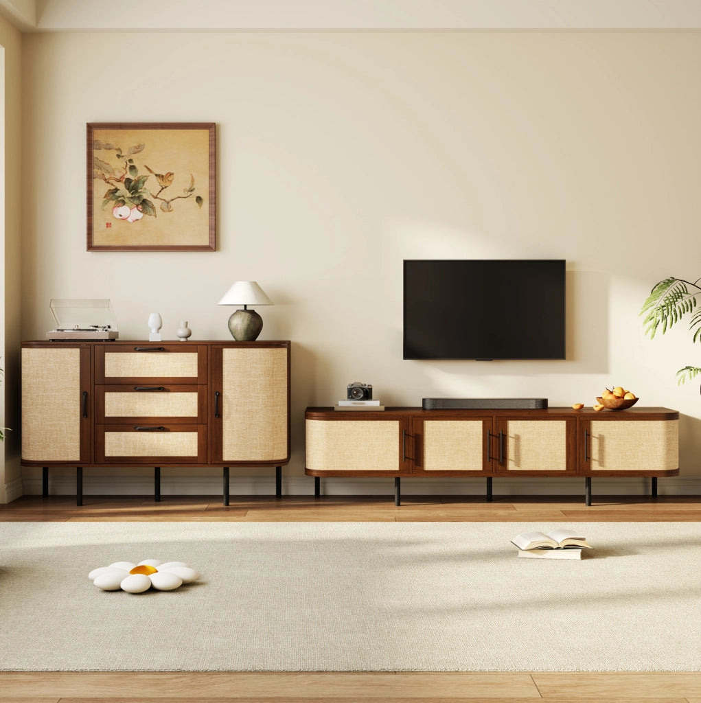 Set soggiorno con mobile TV e sideboard; frontali effetto intrecciato; MDF; noce