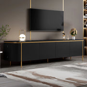 Mobile TV in MDF nero con 6 ante, piedi in ferro e passacavi, design con lati scanalati e angoli arrotondati, 180x38x46 cm