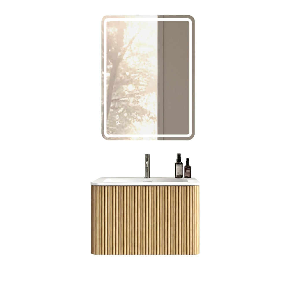 Set mobili bagno sospeso con specchio LED e lavabo integrato in vetro MDF compensato e solid surface rovere