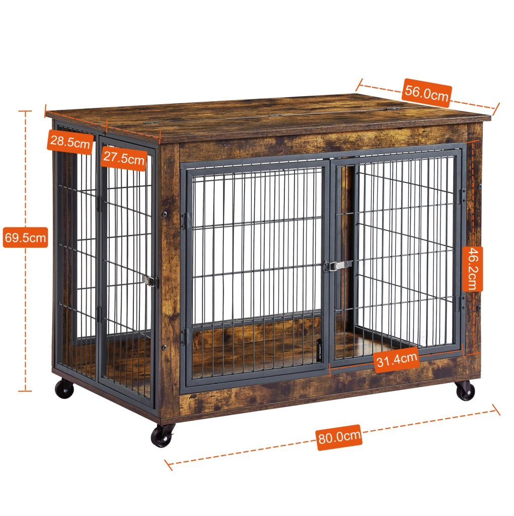 Gabbia per cani da interno in stile mobile con ruote e tetto apribile nera e marrone HOMVRA