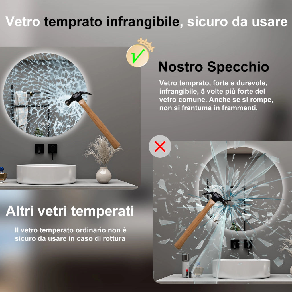 AICA Specchio da bagno 80 x 80 cm, 3 colori, antiappannamento, dimmerabile, interruttore touch, Funzione Memoria