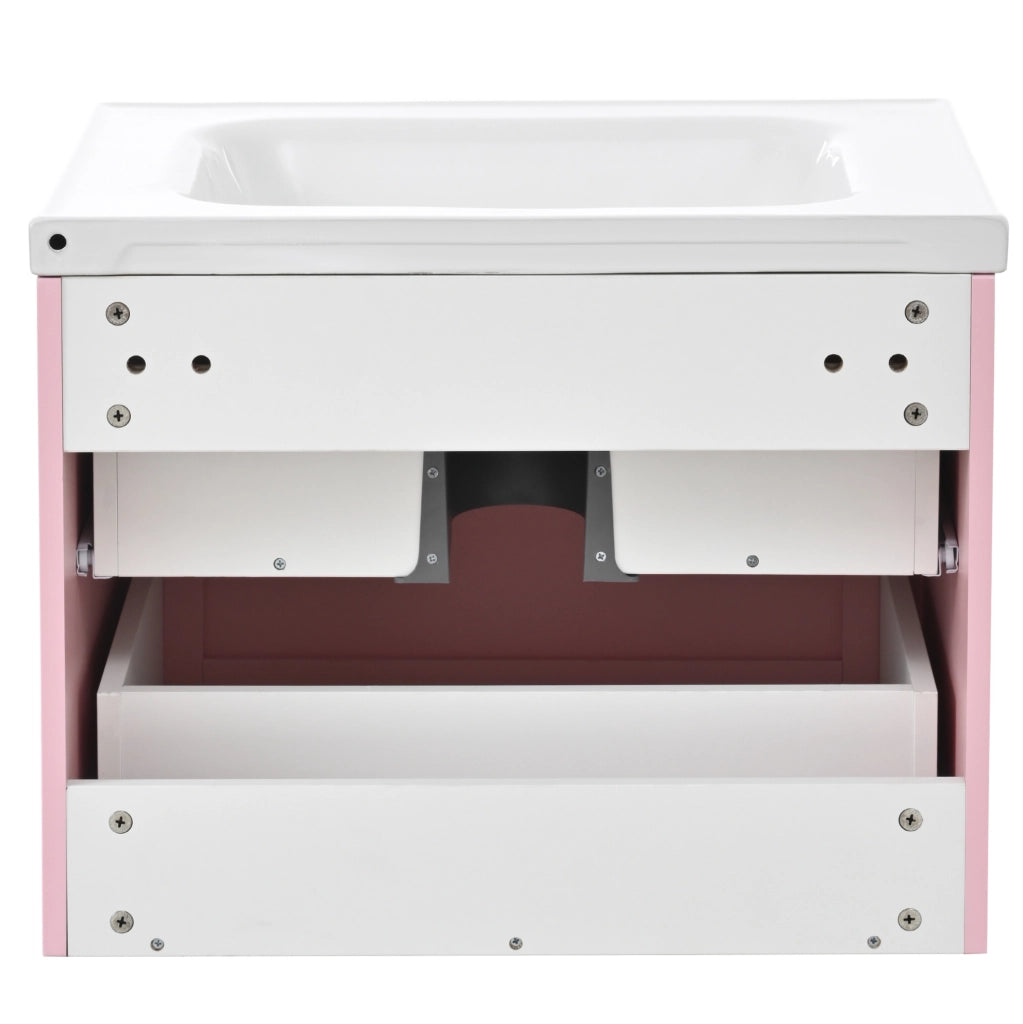Mobile bagno sospeso con lavabo singolo in ceramica, MDF resistente all'umidità e doppio vano portaoggetti, rosa