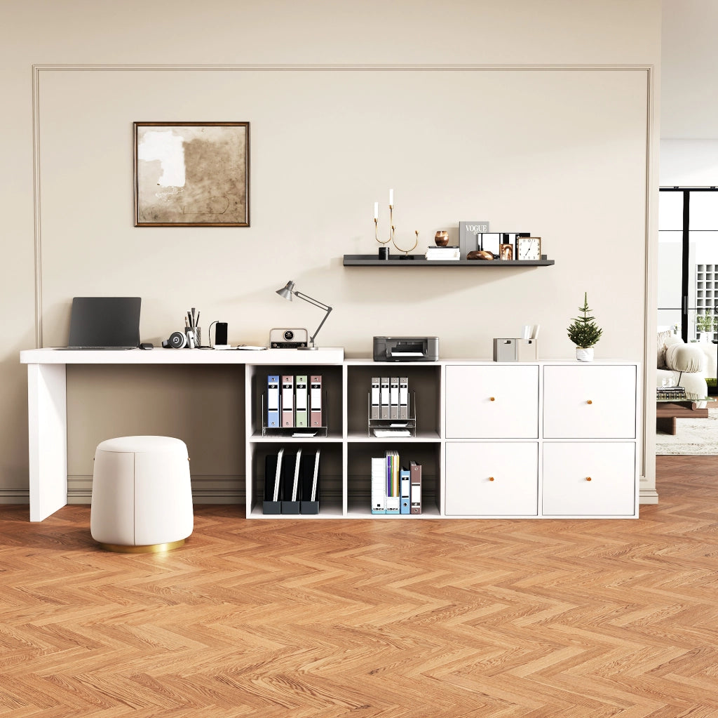 Scrivania angolare 140x120x78 cm in MDF bianco， girevole a 360°， con contenitori