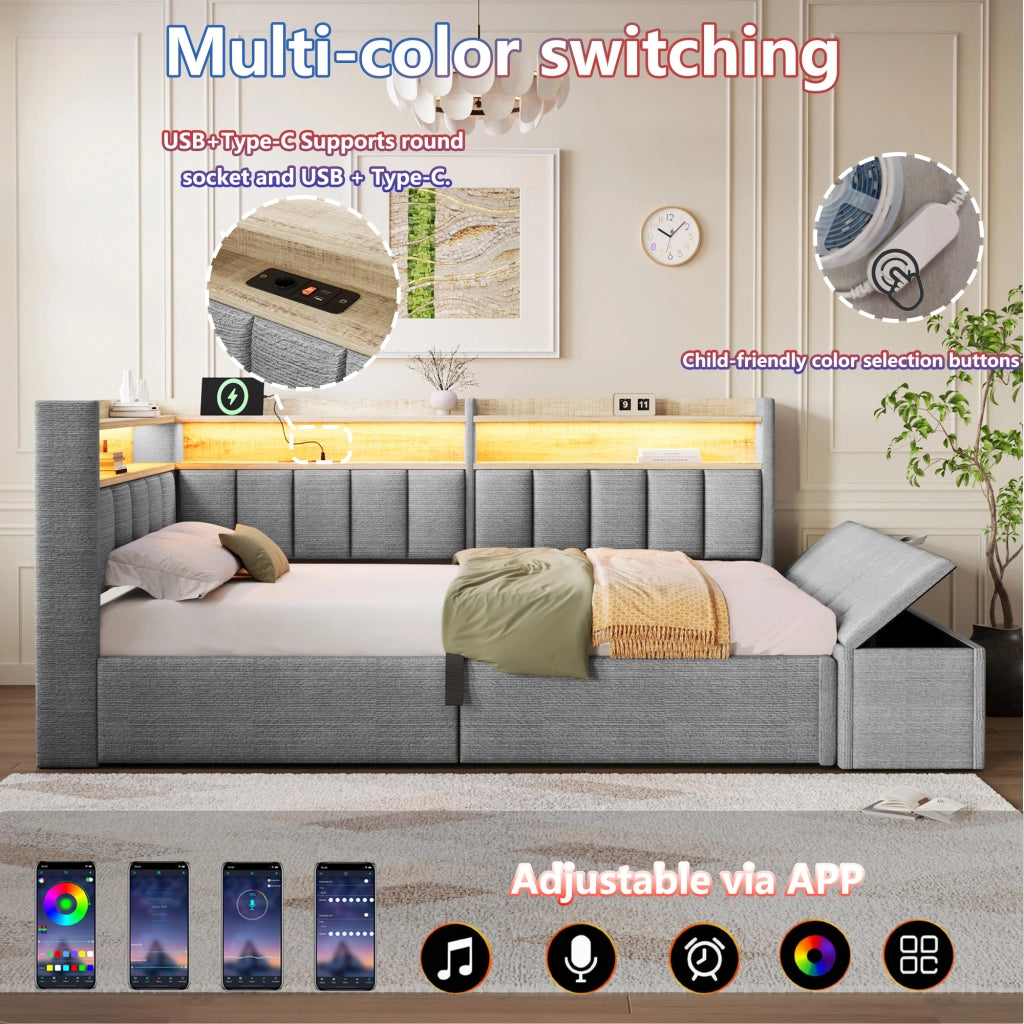 Daybed Imbottito 90x200 cm con Sollevamento Idraulico; Vano Contenitore; LED; USB; Grigio