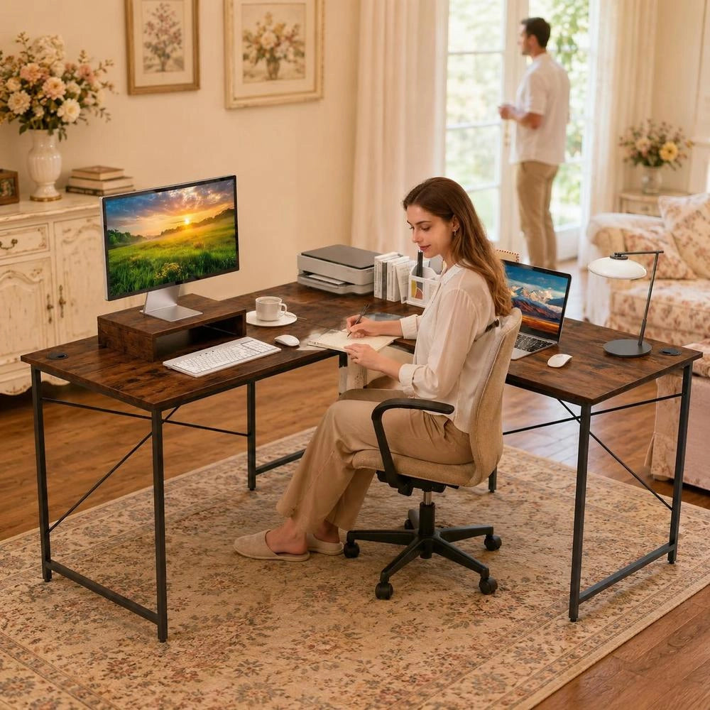 Scrivania angolare a L; convertibile con supporto per monitor rimovibile; marrone rustico