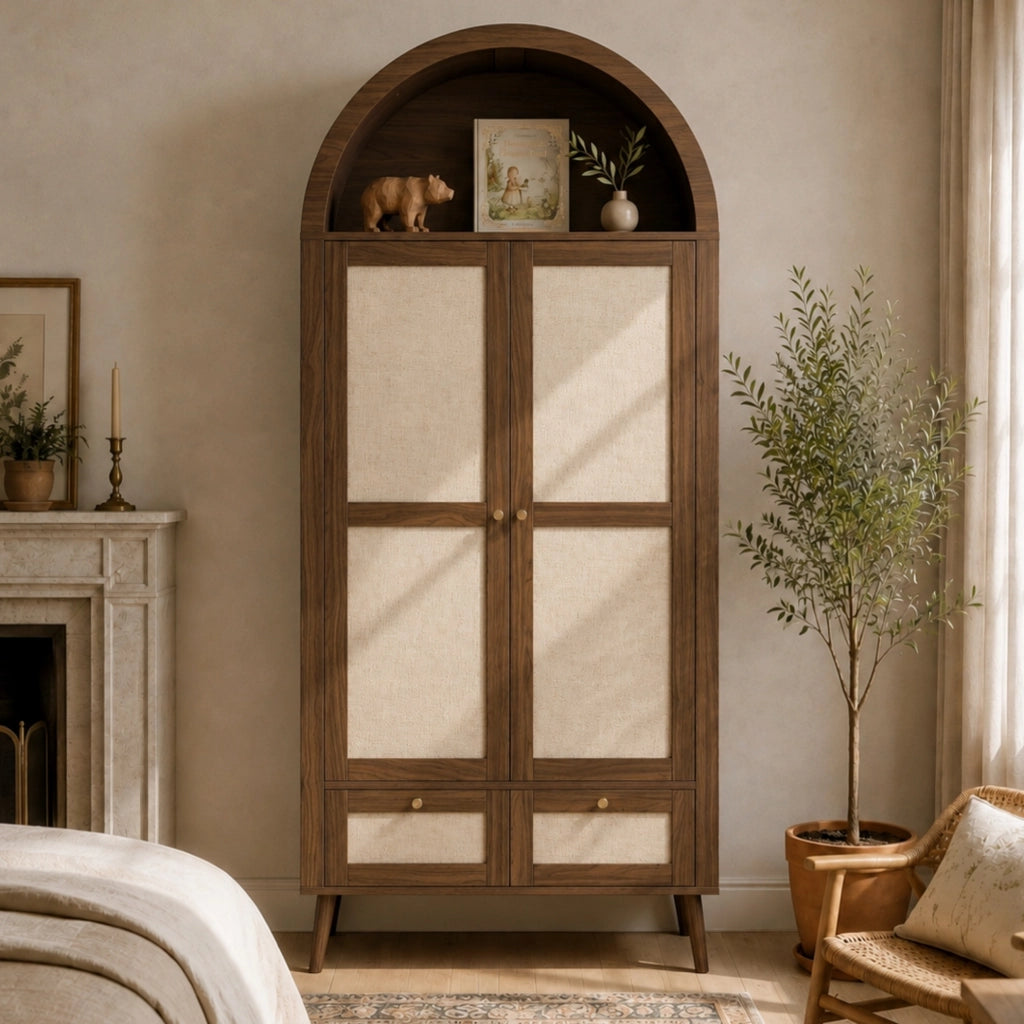 Armadio 2 ante 80x55x180 cm in MDF noce e beige con appendiabiti e cassetti