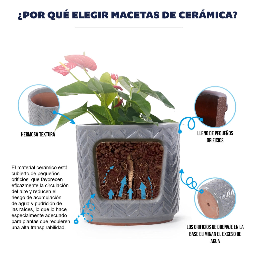 Vaso in ceramica media Ø31,5 cm con rilievo motivo spina di pesce, colore grigio cenere lucido, con foro di drenaggio, resistente al gelo