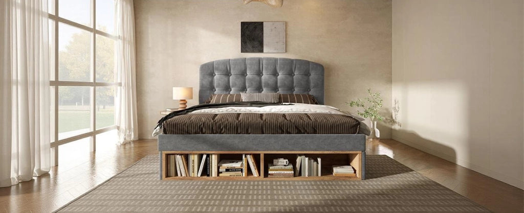 Letto matrimoniale imbottito 140x200 cm in velluto grigio con testiera regolabile, rete a doghe e cassetti contenitori