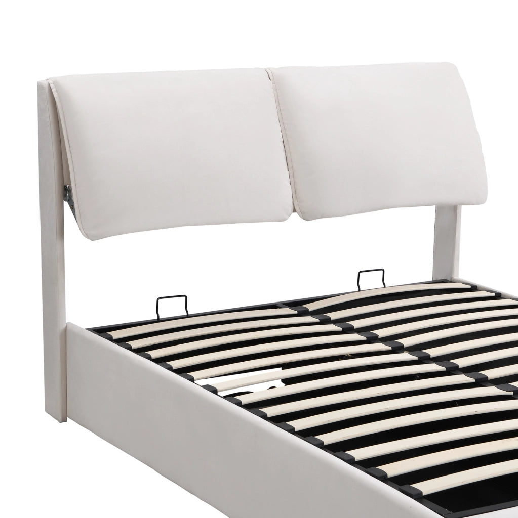 Letto imbottito 140x200 cm con contenitore; 3 cassetti; testiera; velluto beige