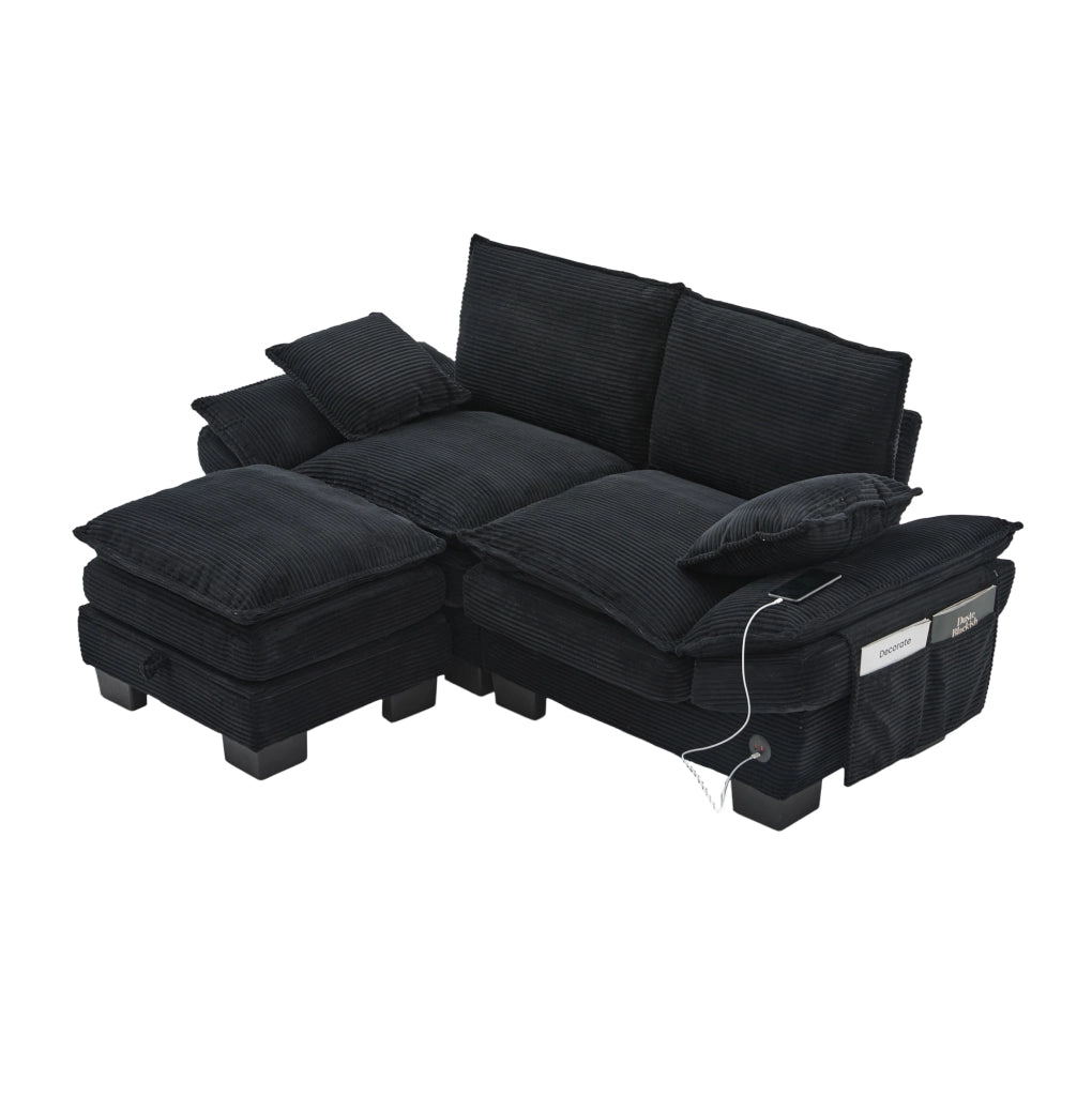 Divano 2 posti modulare in velluto a coste con pouf, struttura ergonomica, schiuma ad alta densità, USB-C, nero