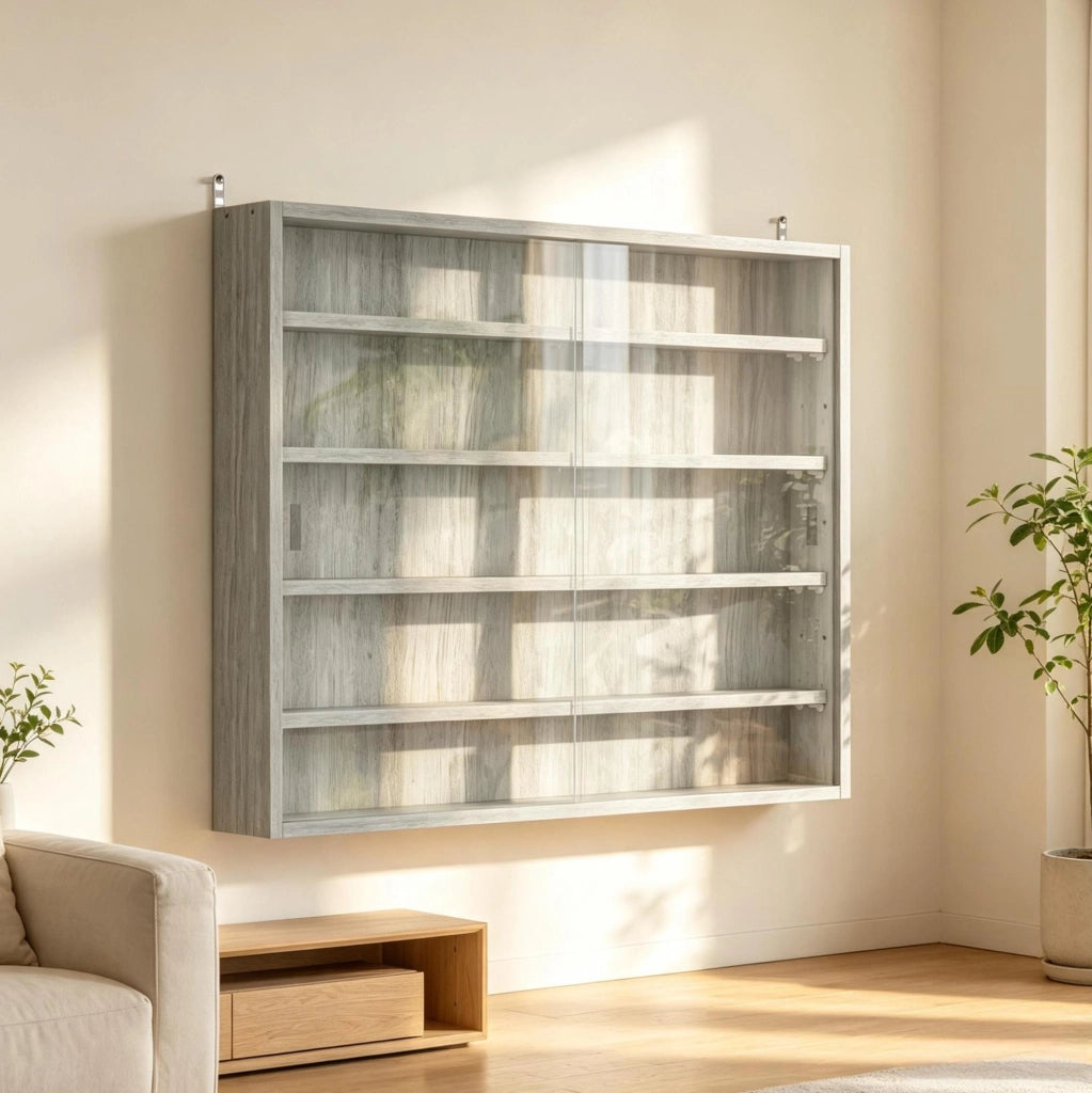 Vetrina da parete moderna in truciolato e vetro 80x9,5x60 cm grigia con 4 ripiani regolabili