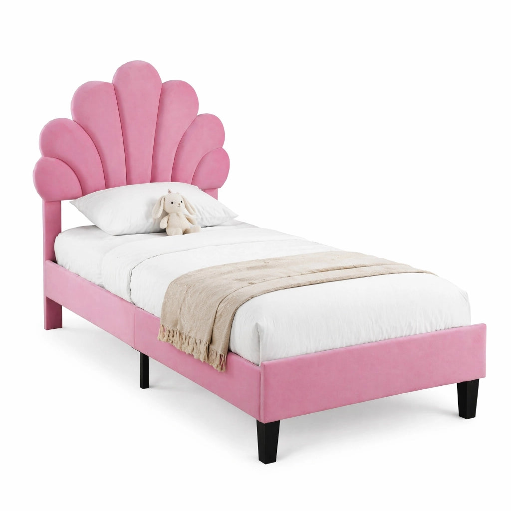 Letto imbottito rosa 90 x 200 cm con testiera a fiore e rete a doghe