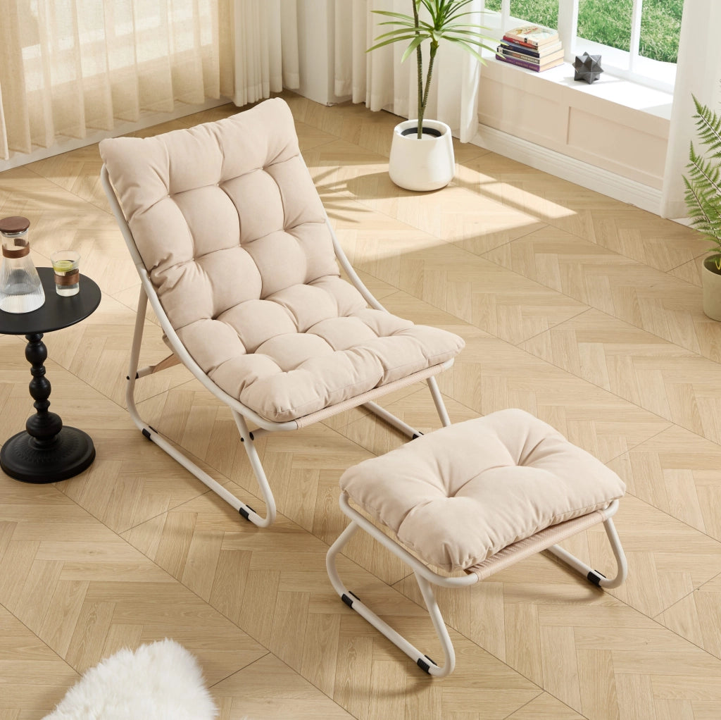 Sedia Lounge da Giardino con Poggiapiedi e Cuscino Beige in Acciaio