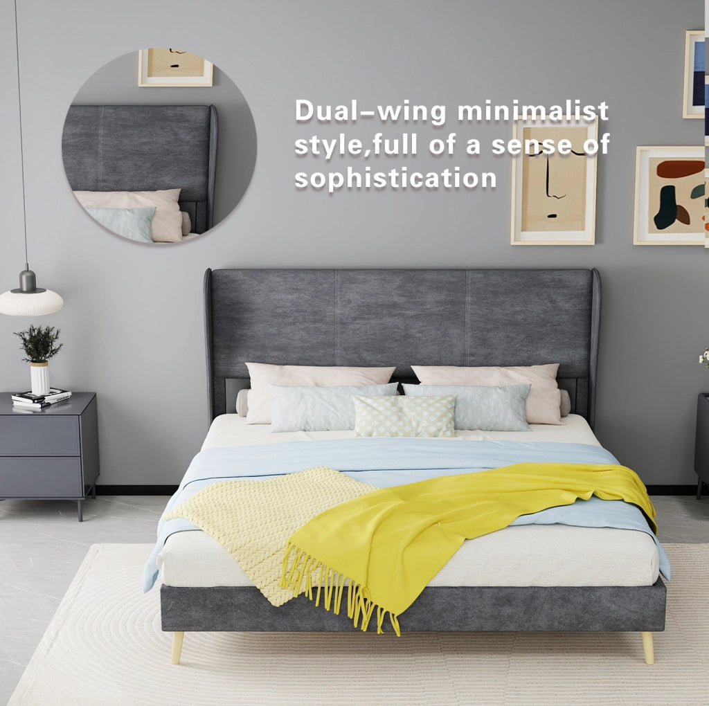 Letto Imbottito Moderno 160x200 cm con Testiera Morbida in Velluto Grigio, Base Bassa Senza Contenitore
