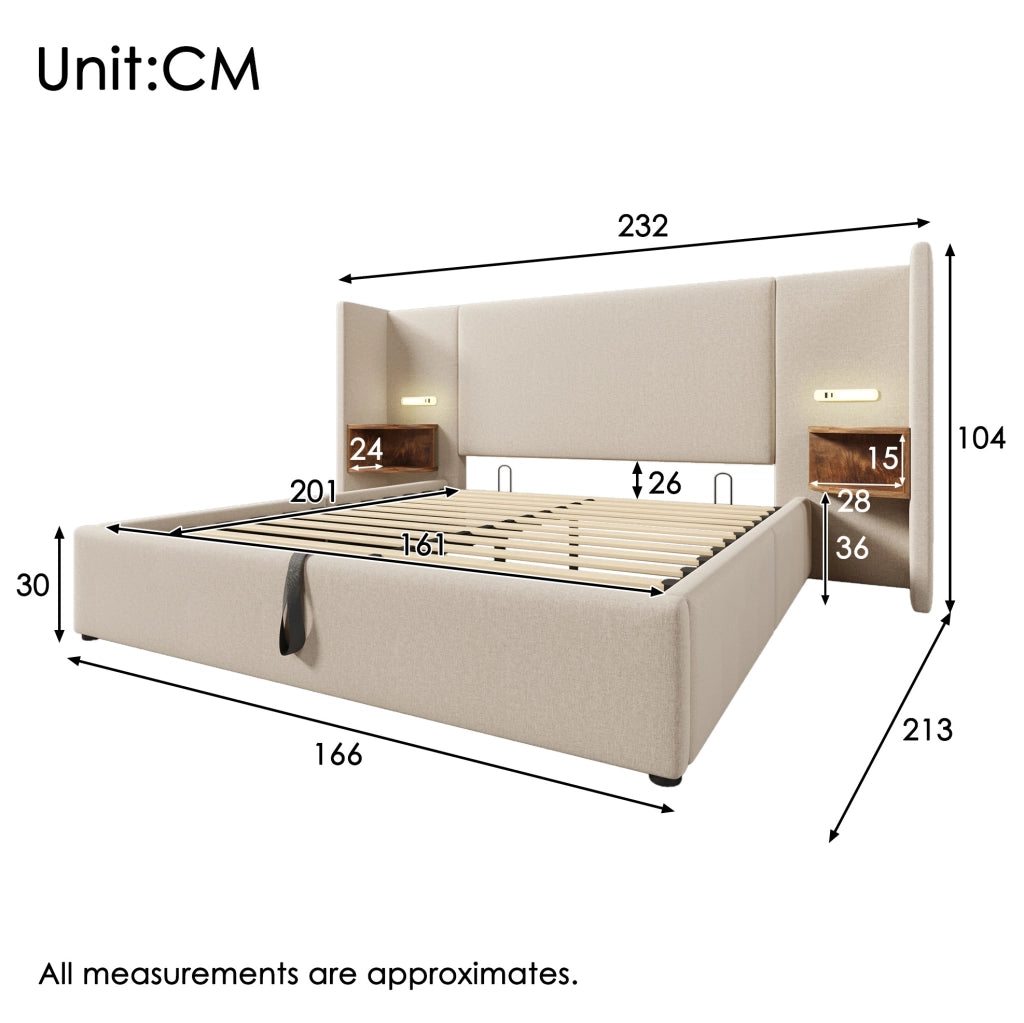 Letto matrimoniale 160x200 cm in lino beige con contenitore, LED e materasso