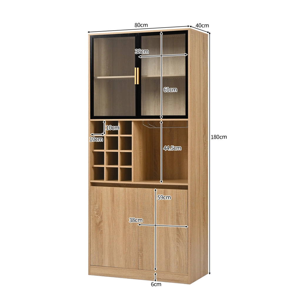 Vetrina con ante in vetro vani aperti e illuminazione a LED con portabicchieri removibile in MDF naturale
