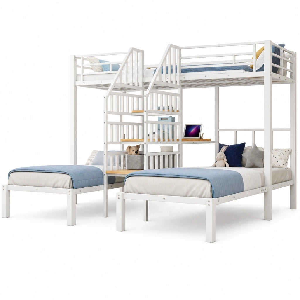 Letto a castello 90x200 cm in metallo e MDF con LED; scrivania; USB e presa; bianco