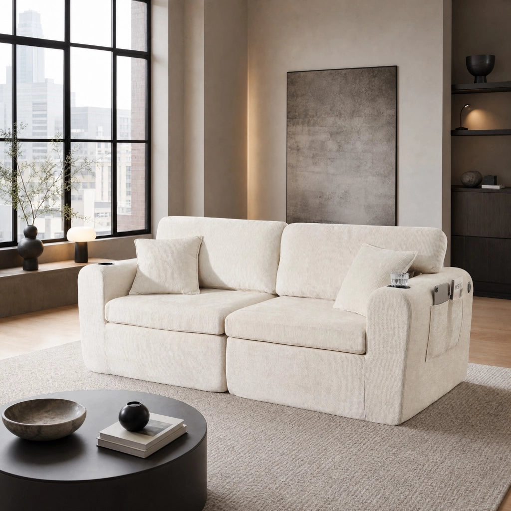 Divano relax 2 posti in chenille beige con USB, tasche e portabevande