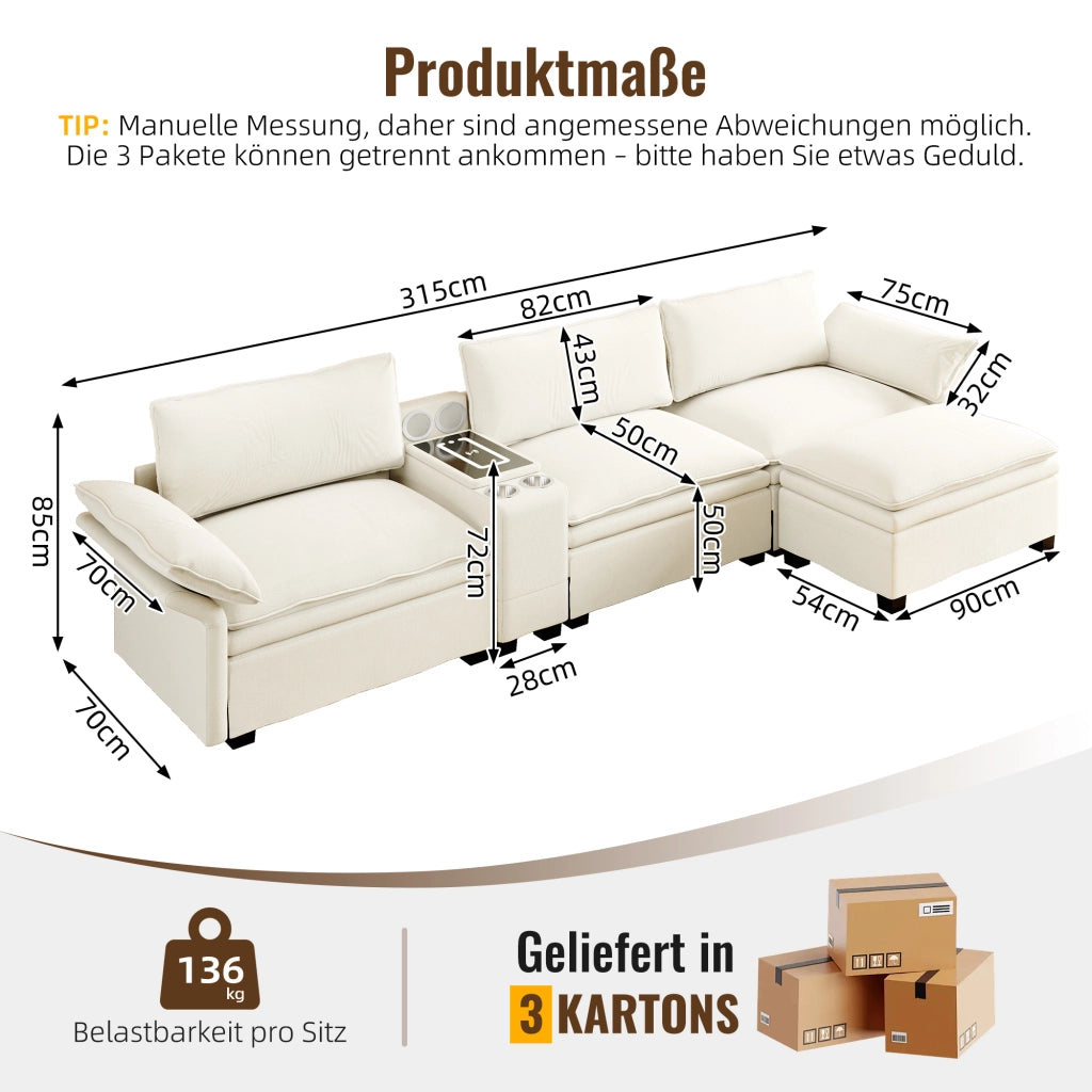 Divano modulare 4 posti - con ricarica wireless; luci e contenitore - chenille - beige