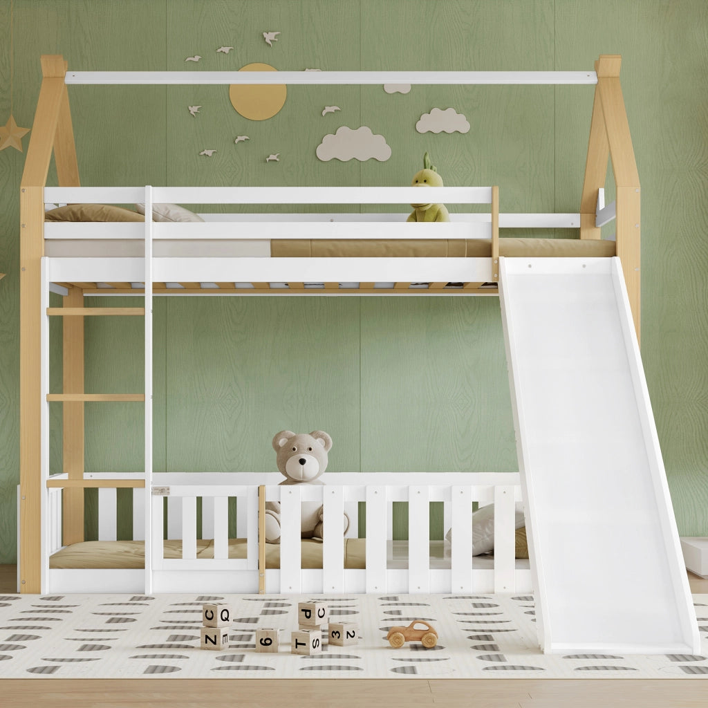 Letto a soppalco bambini con scivolo; struttura in pino e MDF; bianco e naturale; 90x200 cm