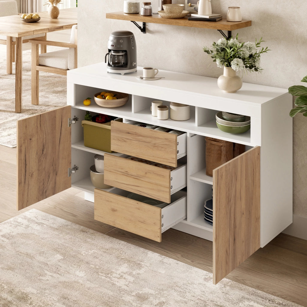 Credenza, 140 x 40 x 85 cm, 3 cassetti, finitura effetto legno, color legno naturale e bianco