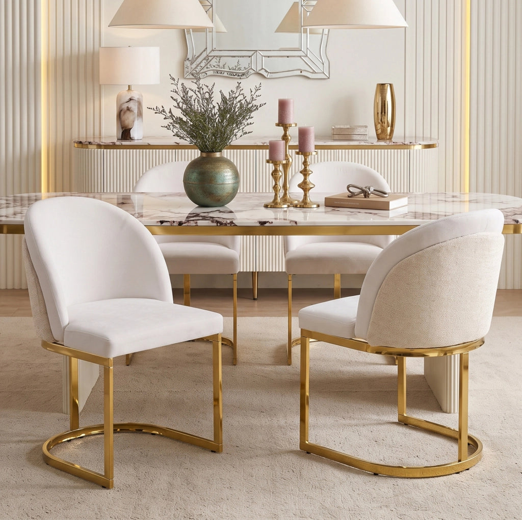 Set di 6 sedie da pranzo in chenille beige e oro