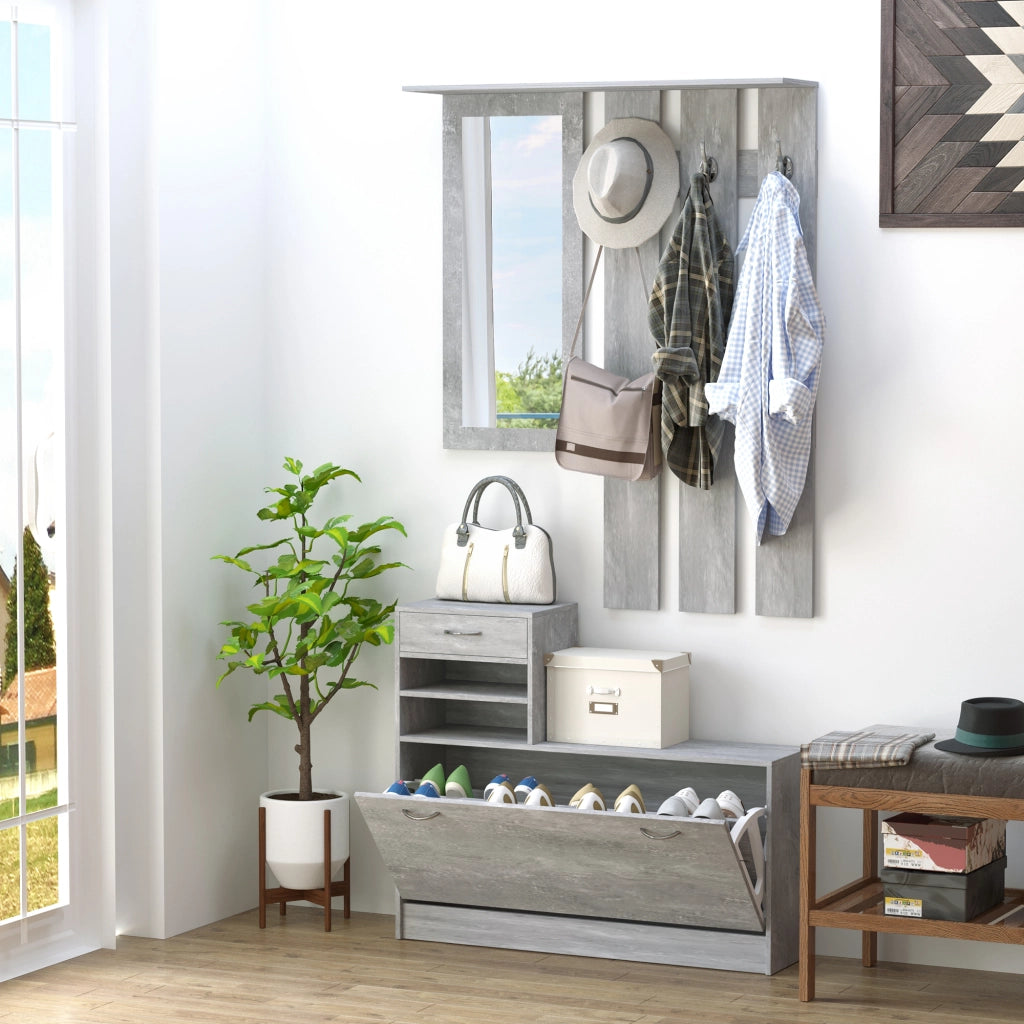 Mobile da Ingresso Appendiabiti con Scarpiera e Specchio ¨C Minimal ¨C Grigio Cemento