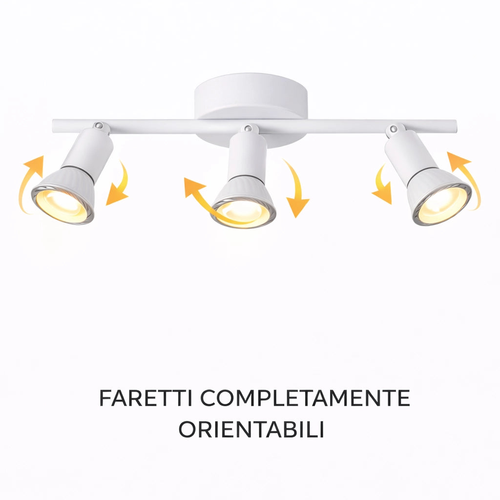 Faretto Soffitto 3 Luci GU10 Orientabili in Metallo, Plafoniera Spot Direzionabili, Lampada da Soffitto Moderna per Corridoio Cucina Soggiorno, Bianco, Lampadine Non Incluse