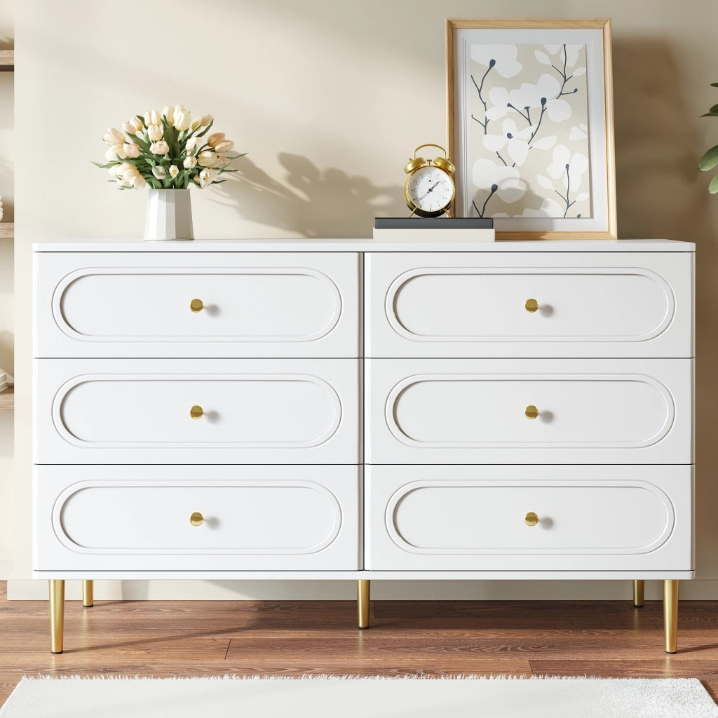 Cassettiera Bianca 6 Cassetti 120 cm; Credenza Moderna Soggiorno con Piedini in Metallo