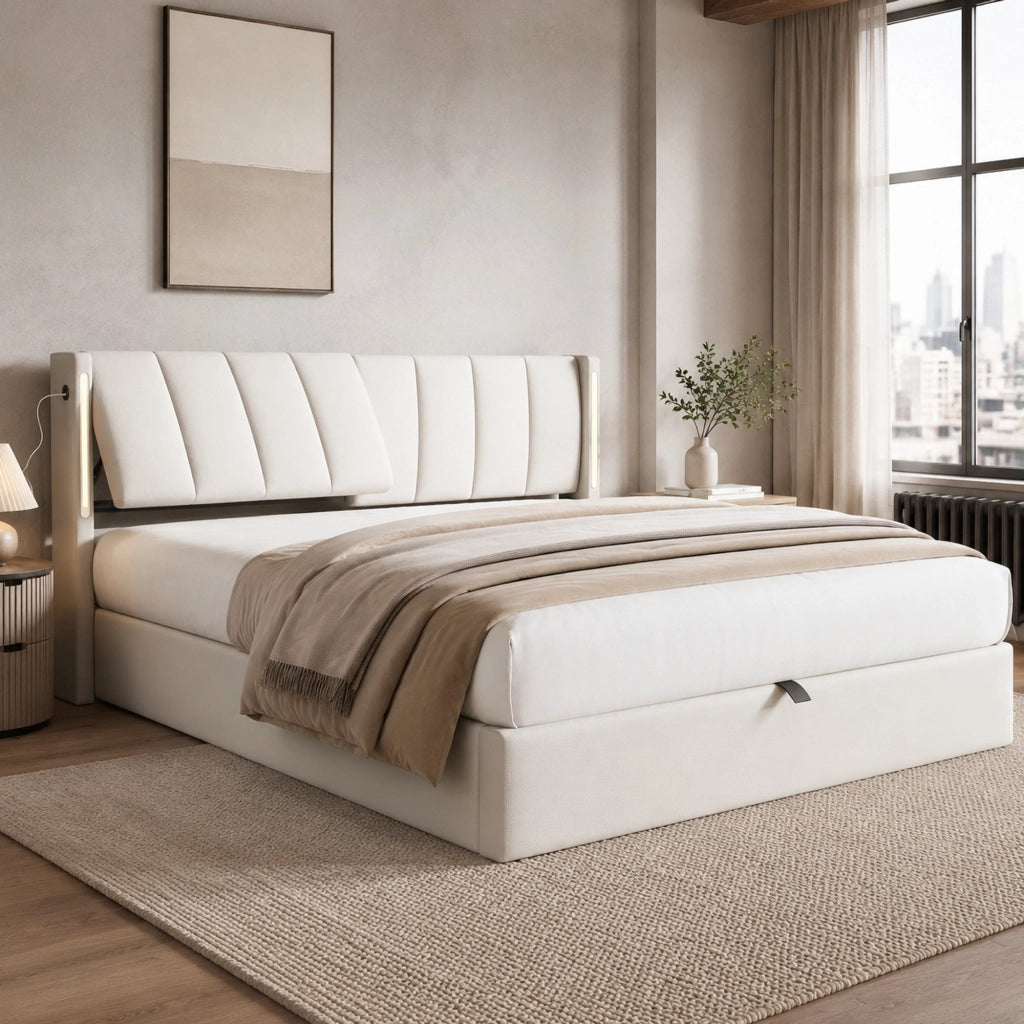 Letto matrimoniale con LED, USB e contenitore