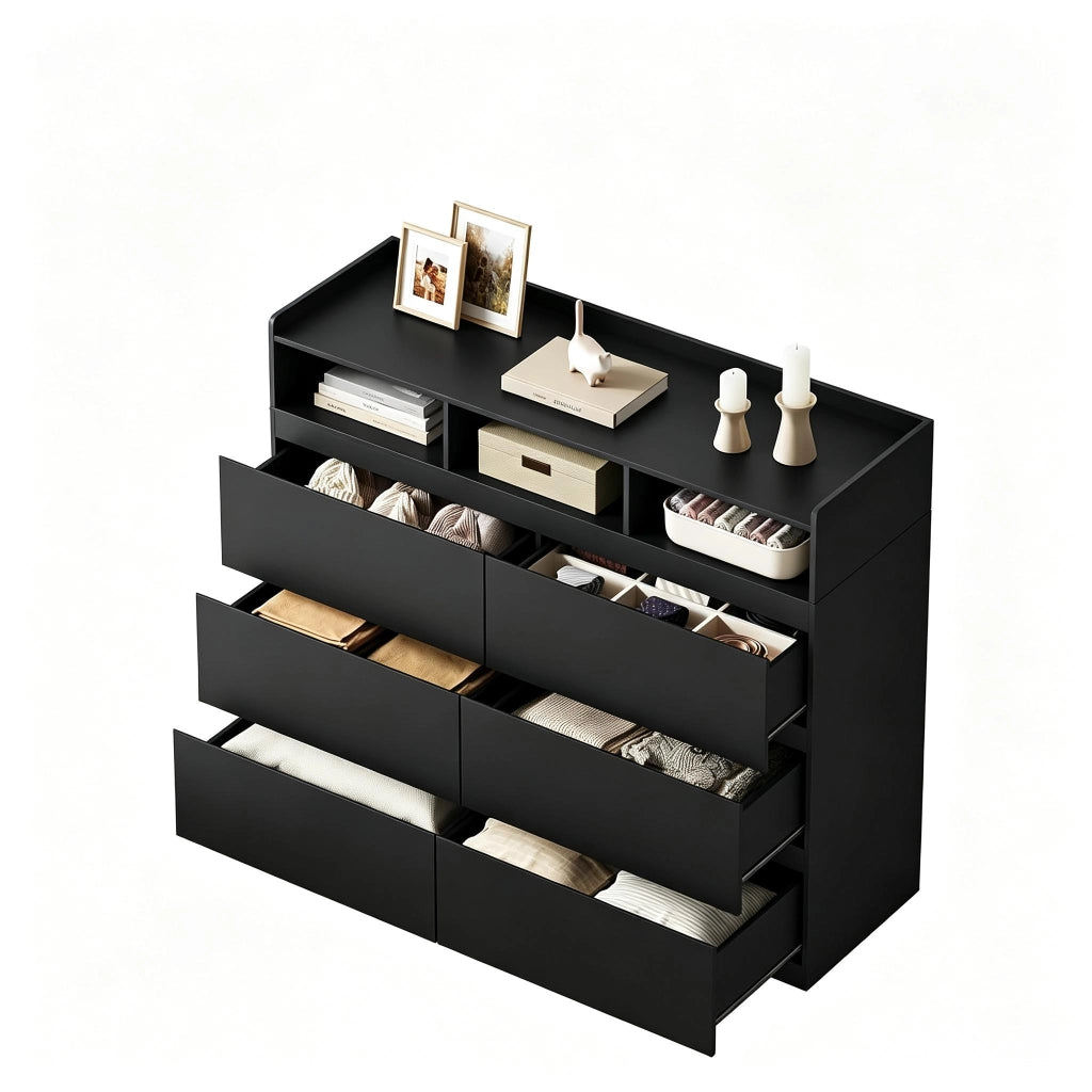 Cassettiera con 6 cassetti e 3 vani aperti in legno nero con bordo rialzato 120 × 40 × 100 cm