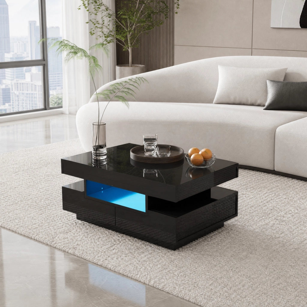 Tavolino da caffè lucido nero 80x50x36 cm con LED; 3 vani aperti e 4 cassetti