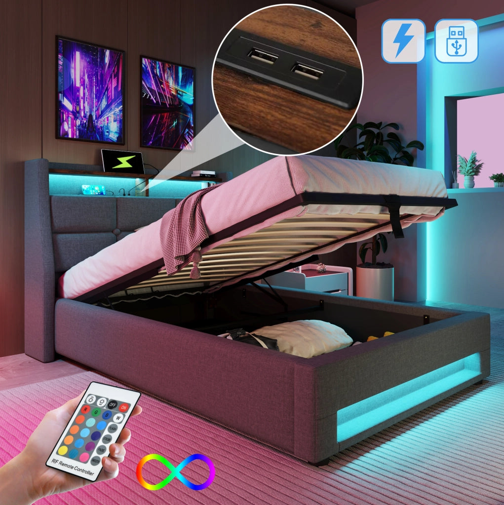 Letto imbottito 90x200 cm con materasso, LED, USB e contenitore in lino grigio
