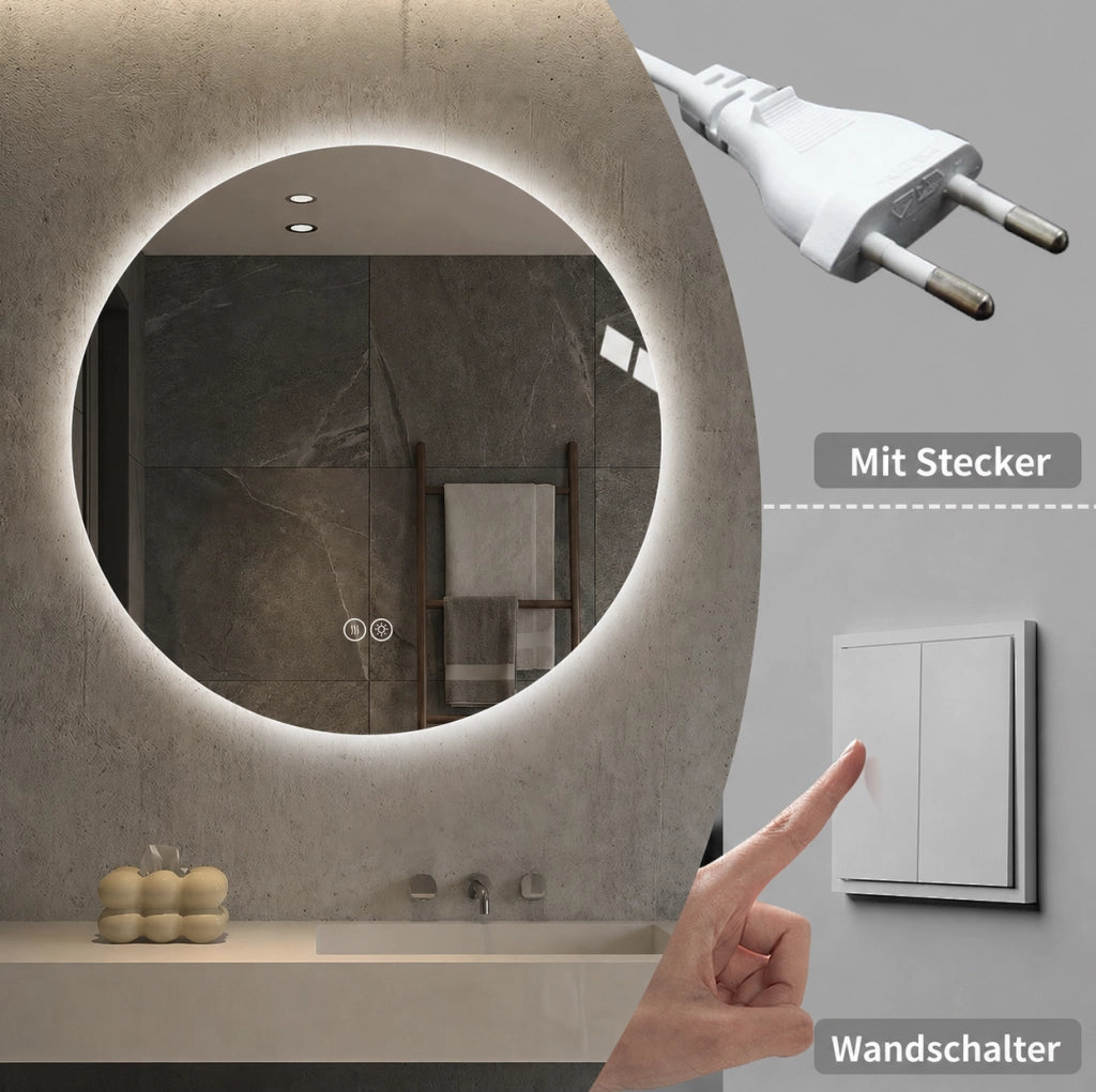 Specchio bagno LED rotondo 80 cm con retroilluminazione, antiappannamento, 3 tonalità di luce dimmerabili, funzione memoria, sensore touch, vetro argento HD senza rame 5 mm