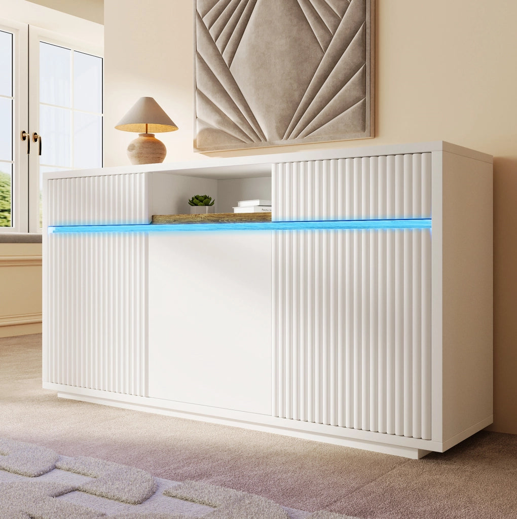 Sideboard LED bianco 140x40x85 cm con 2 cassetti e ripiani regolabili